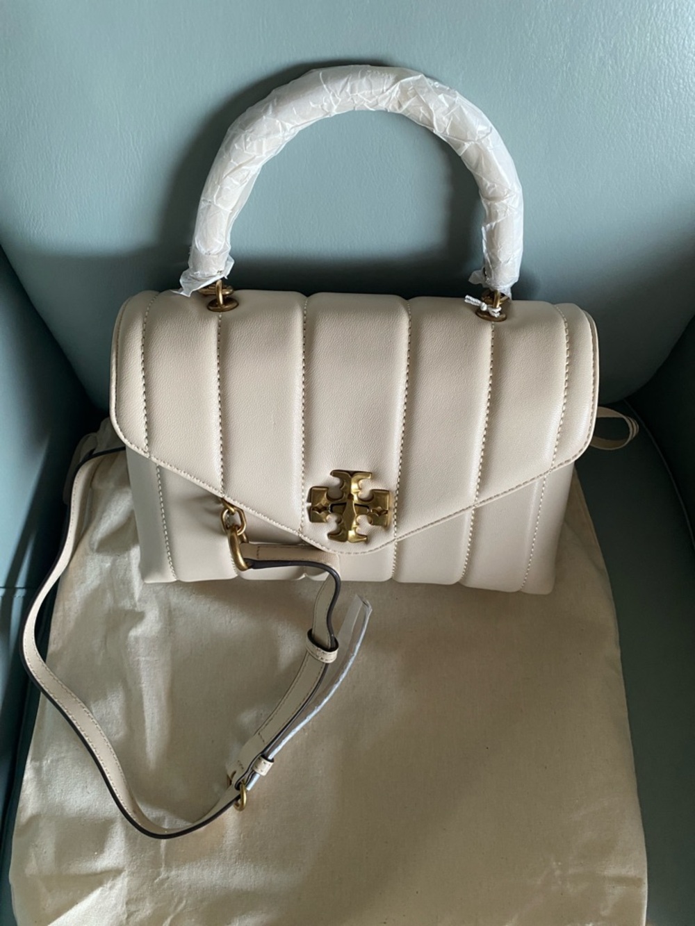 Tory Burch Quilted Cream Top-Handle Satchel with Gold Hardware
